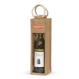 Serena Laminated Jute Single Bottle Wine Carrier with Clear Window