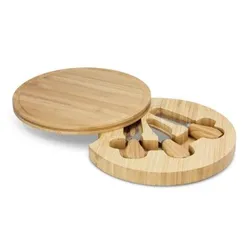 Kensington Bamboo Round Swivel Cheese Board with Knife and Fork Set
