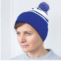 Ribbed Acrylic Beanie With Striped Pom Pom