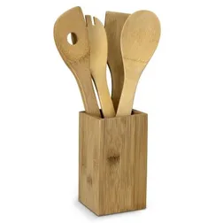 Bamboo Four Piece Cooking Utensil Set with Storage Holder