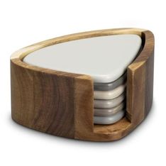 River Stone Shaped Ceramic Coaster Set with Acacia Holder