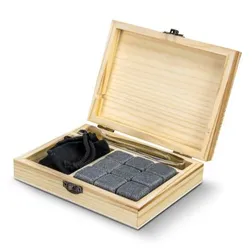 Whiskey Stone Gift Set with Pine Wood Box and Steel Tongs
