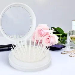Compact Folding Hairbrush With Glass Mirror