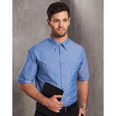 Mens Wrinkle Free Chambray Short Sleeve Shirt