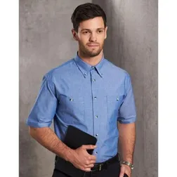 Mens Wrinkle Free Chambray Short Sleeve Shirt