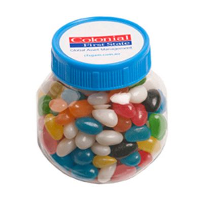 CC026A Jelly Bean (Mixed Or Corporate Colours) Filled Plastic Custom Jars - 170g