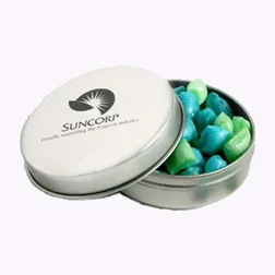 CC046D2 Corporate Coloured Tiny Humbugs Filled Candle Tins With Sticker on Tin - 50g