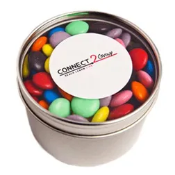 CC049C9 Small Smarties Look-Alike (Corporate Colours) Filled Window-Top Tins With Sticker - 2 x 50g