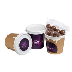 CC064E1 Chocolate Coated Coffee Beans Filled Branded Coffee Cups With Moon Or Lid Sticker - 50g