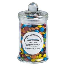 Mini M&M Filled Apothecary Glass Jar with Full Color Sticker