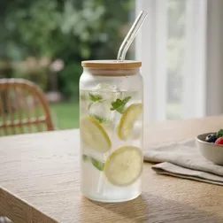 Nordic Frosted Borosilicate Glass Tumbler with Bamboo Lid 450ml