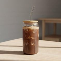 Olmos Ribbed Glass Tumbler with Natural Wooden Lid 550ml