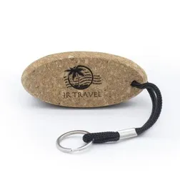 Natural Cork Ellipse Floating Keychain with Black Rope