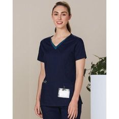 Ladies V Neck Contrast Scrub Top Moisture Wicking Stretch