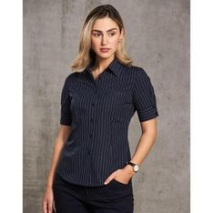 Ladies Cotton Polyester Pin Stripe Short Sleeve Shirt