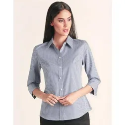 Ladies Two Tone Gingham Cotton Blend Three Quarter Sleeve Shirt
