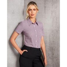 Ladies Two Tone Mini Gingham Short Sleeve Button Up Shirt