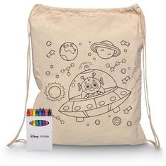 Squiggle Cotton Drawstring Tote with Crayon Set