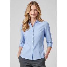 Euro Ladies Three Quarter Sleeve Yarn Dyed Stripe Shirt