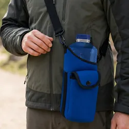Neoprene Bottle Carrier with Front Pocket and Adjustable Strap