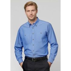 Wrinkle Free Chambray Blue Cotton Long Sleeve Business Shirt