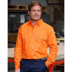 Cotton Drill High Visibility Long Sleeve Work Shirt
