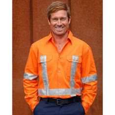 Mens Hi Vis Long Sleeve Cotton Drill Work Shirt with 3M Reflective Tape