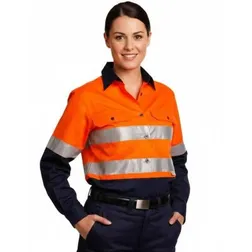 Ladies Hi Vis Long Sleeve Cotton Safety Shirt with 3M Scotchlite