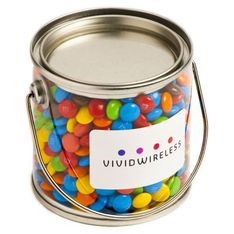 Mini M&M Filled Clear Bucket with Custom Stickers