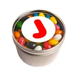 CC049A5 Mini Jelly Bean (Mixed Or Corporate Colours) Filled Window-Top Tins With Sticker - 2 x 50g Bag