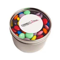 CC049C6 Small Smarties Look-Alike (Corporate Colours) Filled Window-Top Tins With Sticker - 150g