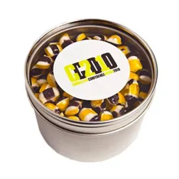 CC049D2 Tiny Humbugs (Corporate Colours) Filled Window-Top Tins With Sticker - 100g