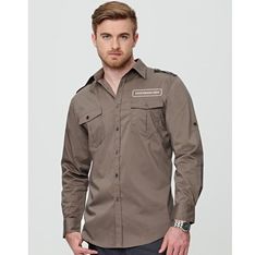 Mens Long Sleeve Cotton Rich Military Shirt With Stretch