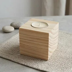 Natural Wood Cube Candle Holder 70mm Tea Light