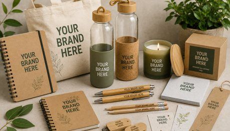 Eco-friendly branded notebooks, bamboo pens, candles and glass bottles