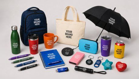 Branded promotional products including drink bottles, tote bags, umbrellas, notebooks, pens and keyrings