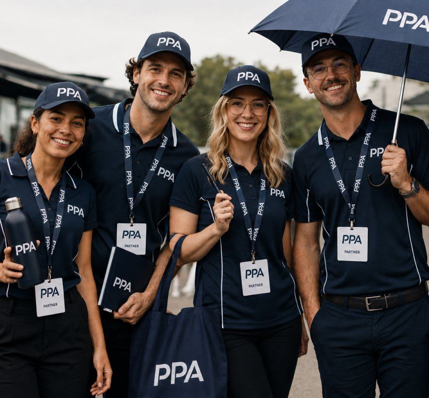 Four Payless Promotions team members in branded PPA polos, caps and lanyards
